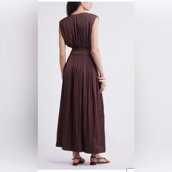 Nordstrom Sleeveless Smocked Satin Maxi Dress Brown Malicacia Small - Picture 2 of 8